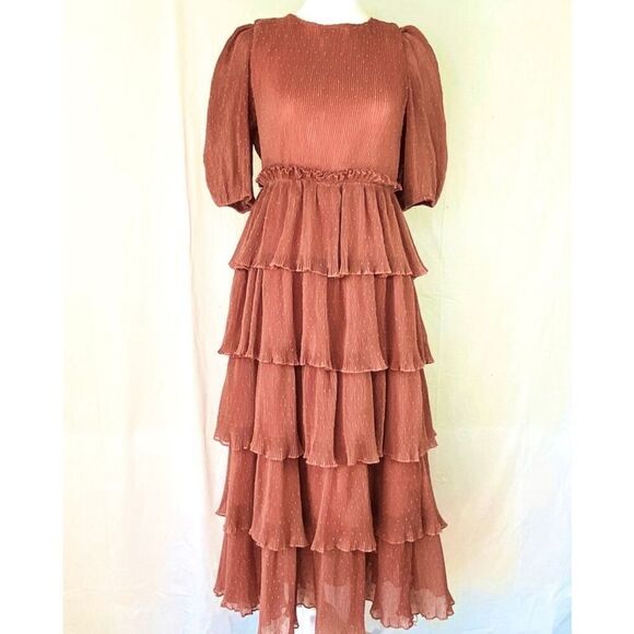 English Factory Size L Tiered Ruffled Midi Dress Mauve Brown Swiss Dot Flouncy - Picture 6 of 16